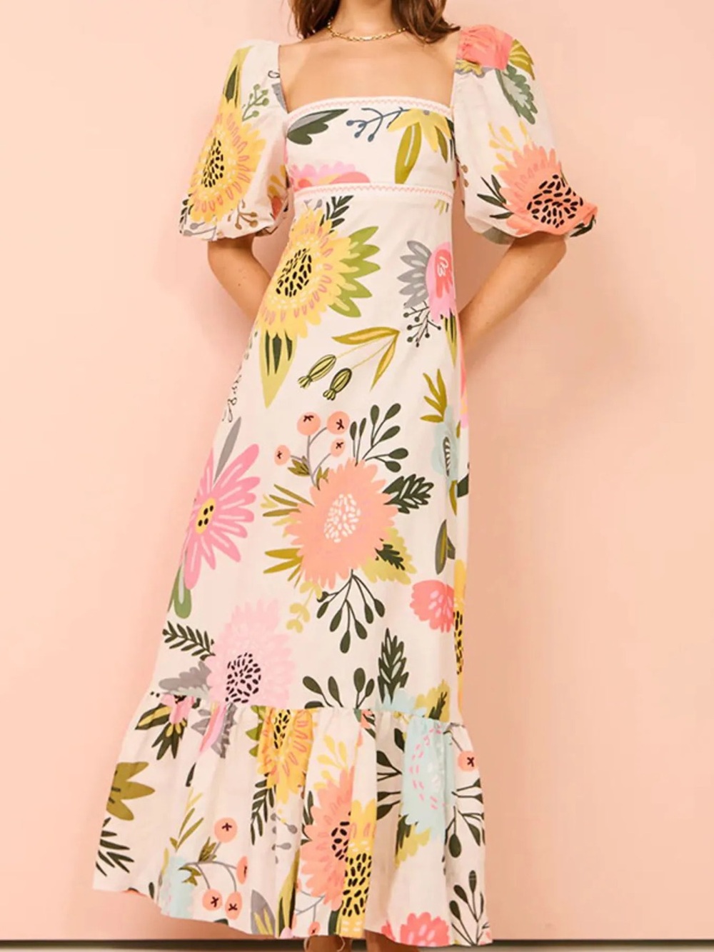 Floral Puff-Sleeve Maxi Dress - Pink, Yellow & Green, Size XL (tag)